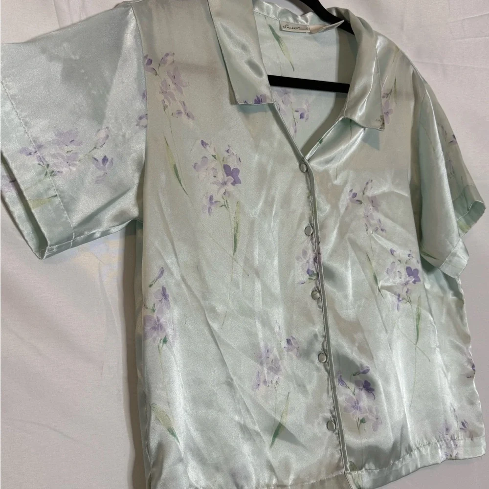 Secret Treasures mint button down Satin Floral Pj Top - Picture 2 of 6